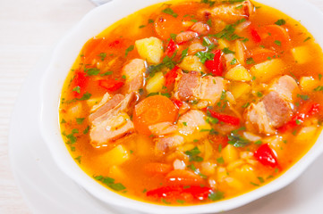 soup with meat, rice and vegetables