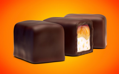 Three chocolate candies with orange jam filling, nougat and nuts crumb. On orange background.