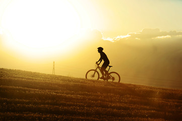 Fototapeta premium profile silhouette sport man cycling uphilll riding cross country mountain bike