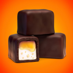 Three chocolate candies with orange jam filling, nougat and nuts crumb. On orange background.