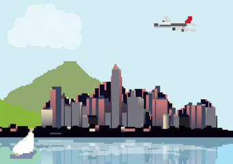 Retro Eight Bit City Skyline with Reflections Background - Vector Illustration