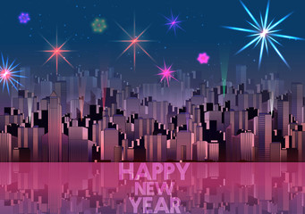 New Year Party Poster Template with City Skyline and Fireworks - Vector Illustration