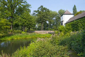 Building along the shore of a lake in summer