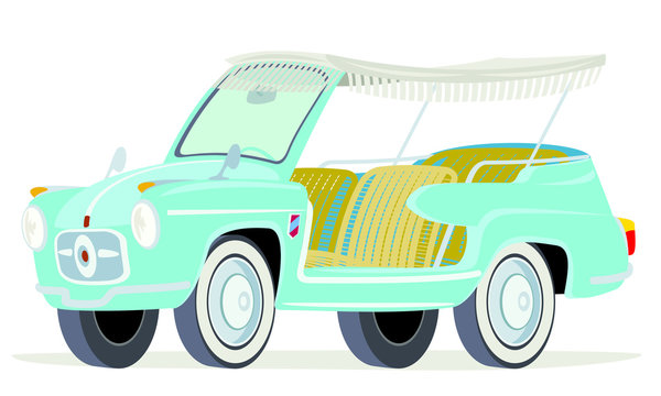 Caricatura Fiat  600  Jolly azul vista frontal y lateral