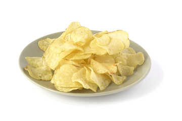 Some potato chips on a green plate isolated on white