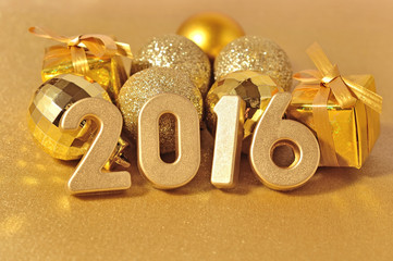 2016 year golden figures and golden Christmas decorations