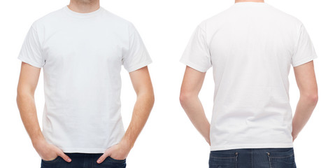 close up of young man in blank white t-shirt