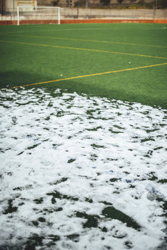 snowdrift on sport game at outdoor soccer field