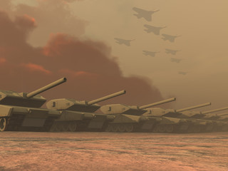 Fototapeta premium Tanques de guerra y aviones de combate