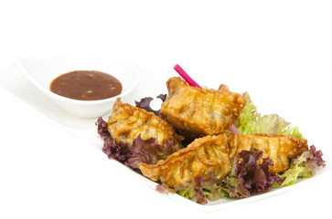 Japanese dumplings with lettuce on white background