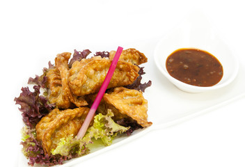 Japanese dumplings with lettuce on white background