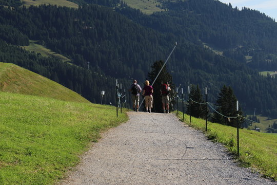 Three people are hiking on Alp mountains in Fiss, Tirol, Austria. 