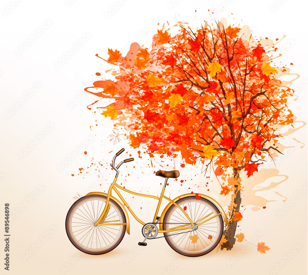 Poster Autumn tree background with a yellow bicycle. Vector.