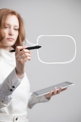 woman writes in a painted  speech cloud