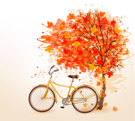 Autumn tree background with a yellow bicycle. Vector.