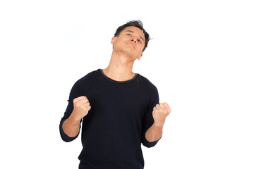 Fototapeta premium Handsome man doing different expressions in different sets of clothes: arms raised