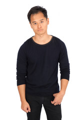 Handsome man doing different expressions in different sets of clothes: tired