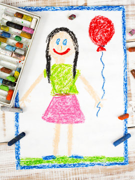 colorful drawing: happy girl with balloon