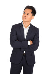 Handsome man doing different expressions in different sets of clothes: thinking