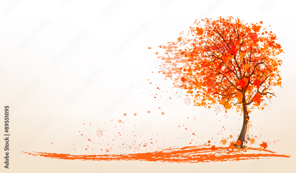Aufkleber Autumn background with a tree and golden leaves. Vector.