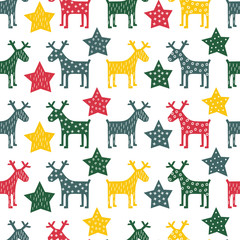 Colorful seamless retro Christmas pattern - Xmas reindeer and night stars. Happy New Year background. Vector design for winter holidays on white background.