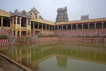 Meenakshi hindu temple in Madurai, Tamil Nadu, South India. Sculptures on Hindu temple gopura...