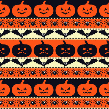 Halloween pattern with pumpkins, bats, spiders. Seamless halloween background. Happy Halloween concept illustration.