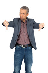 Handsome man doing different expressions in different sets of clothes: thumbs down