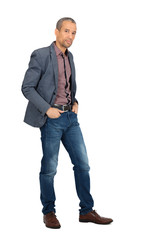 Handsome man doing different expressions in different sets of clothes: hands in pockets