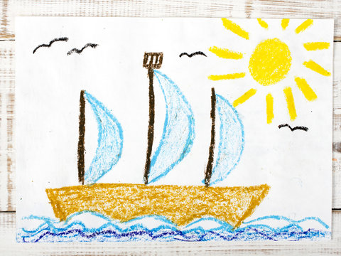 colorful drawing: sailing boat  in the sea