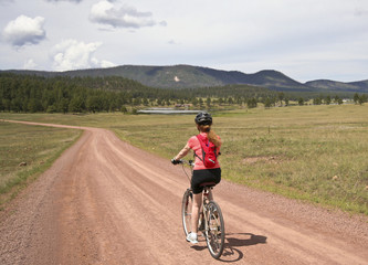 Fototapeta na wymiar A Woman Cyclist Rides a Forest Road