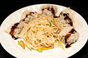 Homemade chinese dish: noodles with ginger and green onions and wontons stuffed with pork.