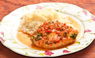 Homemade stewed tuna fillet with white rice