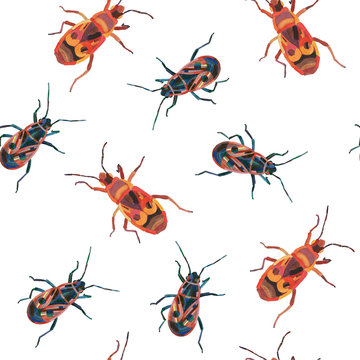 Watercolor insect seamless pattern. Colorful insects on white background.