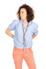 Fototapeta premium Beautiful woman doing different expressions in different sets of clothes: posing