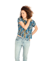 Beautiful woman doing different expressions in different sets of clothes: worried