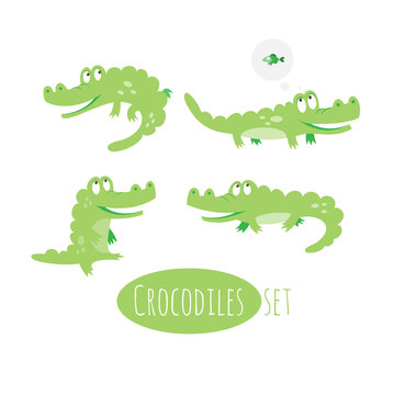 Vector seamless set with cute cartoon crocodiles.