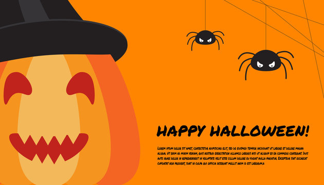 Halloween design template with pumpkin, spiders and place for te