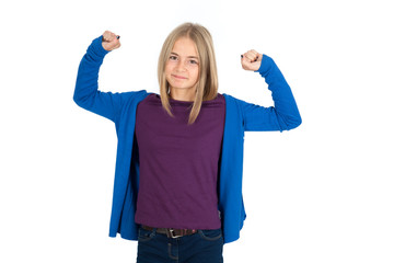 Obraz premium Beautiful girl doing different expressions in different sets of clothes: arms raised