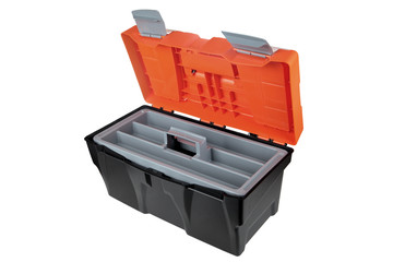 Opened empty toolbox made of plastic material  black and orange