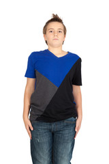 Fototapeta premium Handsome child doing different expressions in different sets of clothes: at attention