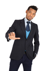 Handsome man doing different expressions in different sets of clothes: stop sign