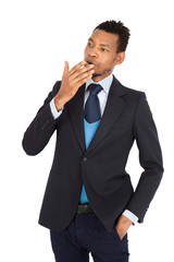 Handsome man doing different expressions in different sets of clothes: yawning