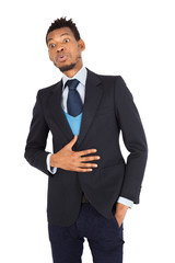 Handsome man doing different expressions in different sets of clothes: hungry