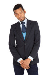 Handsome man doing different expressions in different sets of clothes: sad