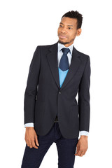 Handsome man doing different expressions in different sets of clothes: joy