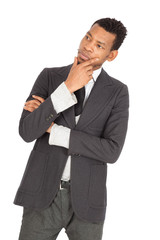 Handsome man doing different expressions in different sets of clothes: thinking