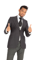 Handsome man doing different expressions in different sets of clothes: thumbs up