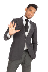 Handsome man doing different expressions in different sets of clothes: stop sign