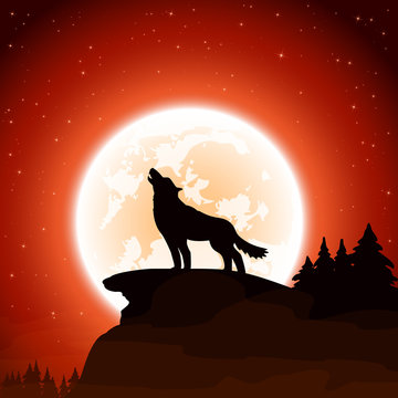 Wolf and Moon on sky background